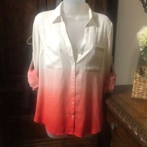 Express portofino Orange and White Notched Collar Buttoned Blouse